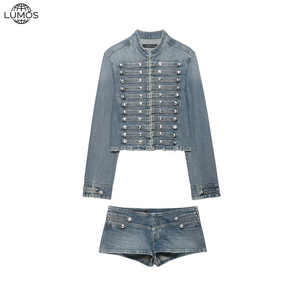Conjunto de Dos Piezas de Moda Otoño Invierno, Informal, Sexy, de Manga Larga, Jeans de Mezclilla, Top Corto y Pantalones Cortos, Traje de Dos Piezas para <span class=keywords><strong>Mujer</strong></span> - Product Image 2