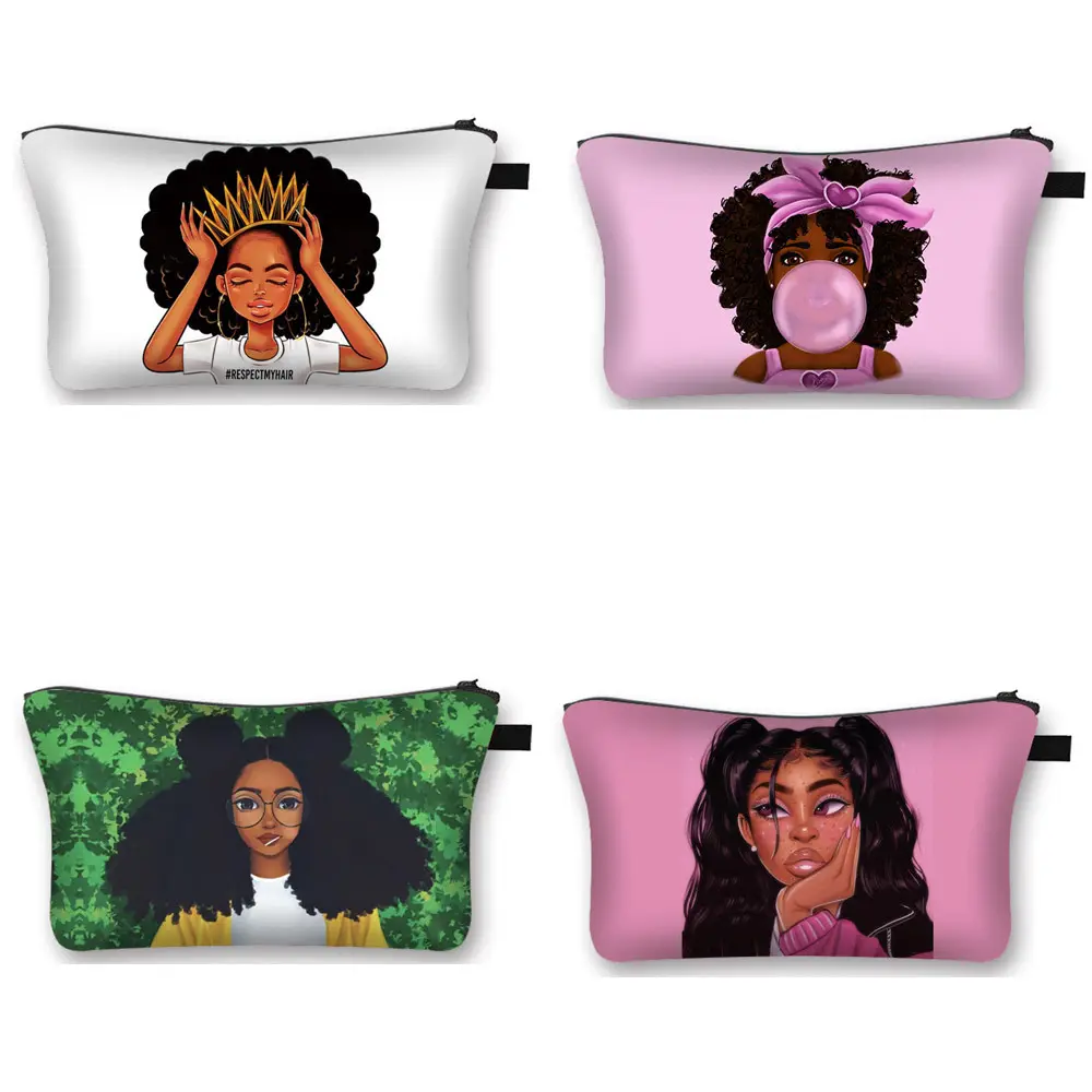 Pouch coinpurse african american pu leather black women cosmetic makeup bags for girl