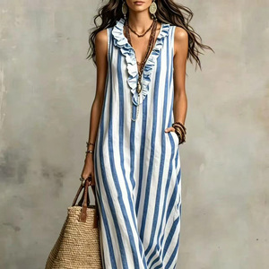 Vestido Largo Bohemio Nuevo de Primavera/Verano 2026 sin Mangas de Lino con Rayas Estampadas Estilo Europeo Americano para Sitios Independientes - Product Image 4