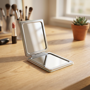 Miroir de poche compact à cadre métallique, en cuir PU, grossissant 2X, mini cœur carré, double face, pliable, argenté – Meilleures ventes - Product Image 3