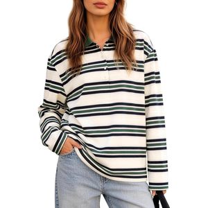 FOXA Womens Striped Polo Shirt Long Sleeve <b>Preppy</b> Knitted <b>Top</b> Regular Fit V Neck Lapel Collar Button Front Sweatshirt Tee - Product Image 1