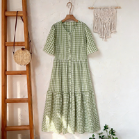 Robe longue décontractée à manches courtes pour femmes, grande taille, à carreaux vert et blanc, idéale pour le quotidien, les trajets, les vacances et les rendez-vous