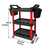 Chariot à outils pliable à 3 niveaux en plastique PP recyclé avec trous pour bouteilles, 2 bacs suspendus, chariot roulant mobile pour le detailing automobile, garage, atelier