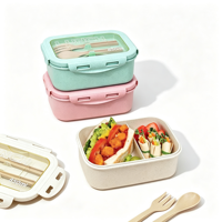 Boîte à bento compartimentée en paille de blé, boîte à lunch pour étudiants, compatible micro-ondes, avec couverts, récipient alimentaire