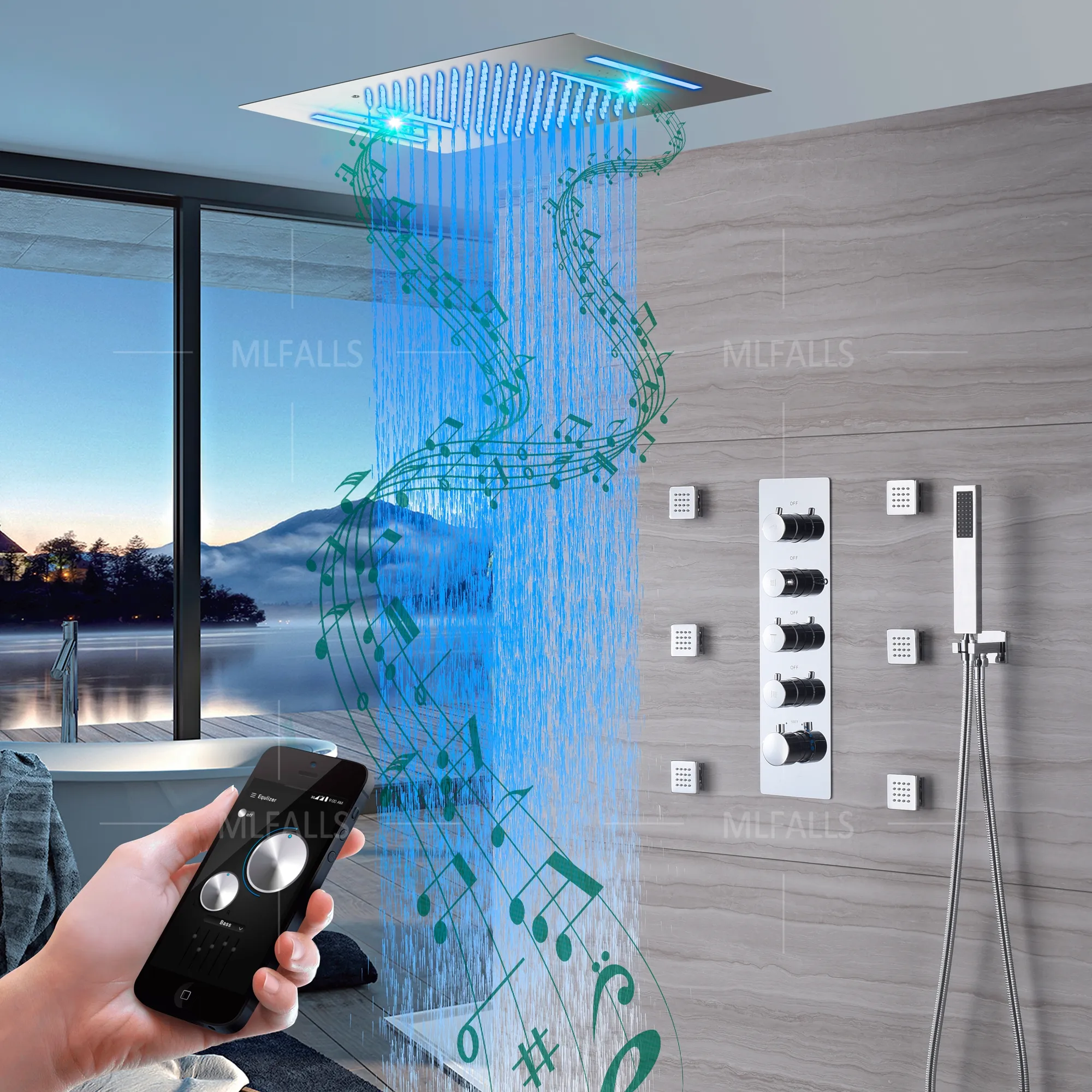 LED Thermostatic Shower Set with Music Rainfall Shower head 3 Function Luxury Bathroom Shower Faucet with Body Jet Hot Sale