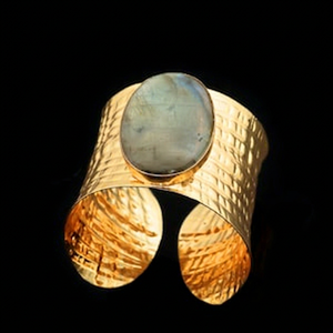 Stylish 18k Gold Plated Hammered Cuff <b>Bangle</b> with Labradorite Oval Gemstone Jewelry Statement <b>Bracelet</b> Elegant Luxury Jewelry - Product Image 1