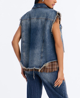 Gilet en jean court pour femme, sans manches, effet usé, avec empiècements à carreaux et ourlet effiloché, style grunge indie sleaze, vente en gros