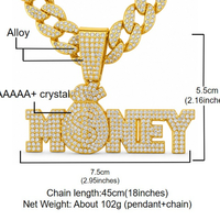 Collier chaîne cubaine avec pendentif lettre dollar en alliage et strass, style Hip Hop, motif sac de billets, entièrement serti de pierres, en stock, vente en gros