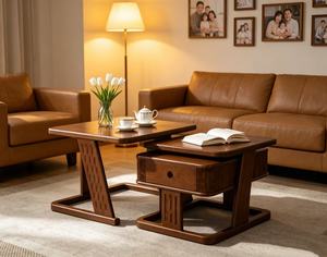 Nesting <b>Walnut</b> Wood <b>Coffee</b> <b>Table</b> Set with Storage Drawers for Living Room - Product Image 3