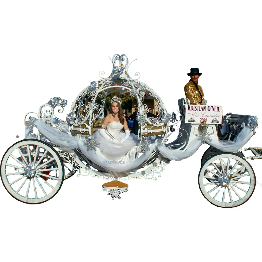 Chariot électrique blanc de citrouille de cendrillon, voiture de jeu de tourisme de mariage, cheval dessiné