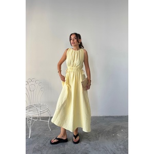 เดรสยาวมัสลินแขนกุดสีเหลืองเอวยางยืดลำลองเดรสยาวผู้หญิงสไตล์ฤดูร้อน - Product Image 3