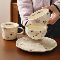 Ensemble de vaisselle en céramique à motif de dessin animé mignon, comprenant une tasse, un bol à riz et une assiette à dessert pour la maison