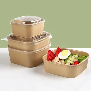 Eco-friendly Waterproof and Oil-proof 100% Compostable Square Paper Salad Bowl Salad Container with Lid