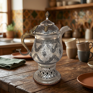Pot à eau vintage en métal avec couvercle et poignée, bouilloire décorative finition argentée, motif complexe - Product Image 5