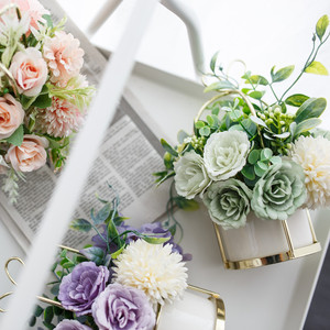 Ensemble de fleurs artificielles, vase en céramique doré, fleurs en soie de couleur cardamome, violet, rose, vert, décoration d'intérieur, plante en pot, style nordique - Product Image 4
