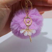 Porte-clés en fausse fourrure avec pompon et breloque ballerine en strass, accessoire mignon en peluche pour sac
