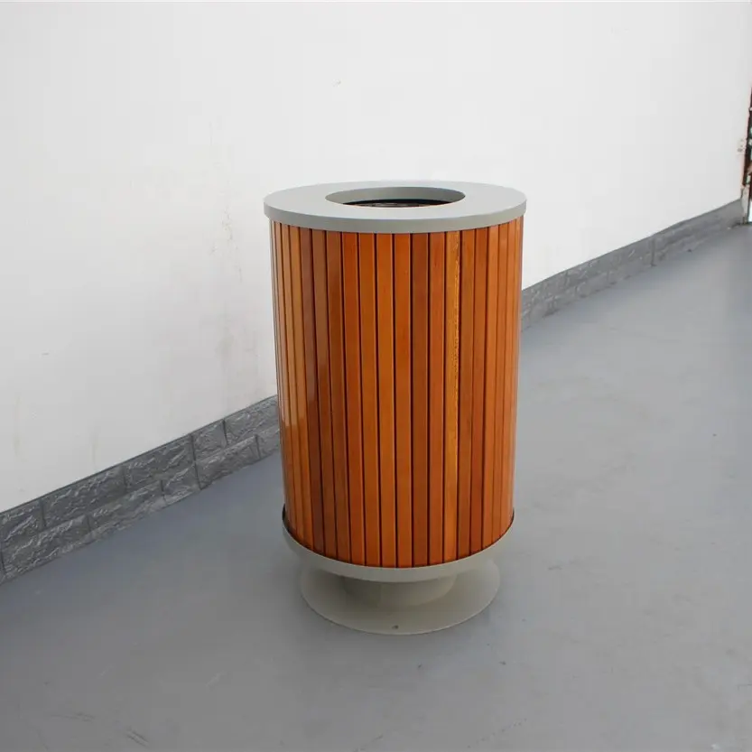 Lixeira de lixo redonda, lixeira de lixo de metal e madeira sólida para uso externo