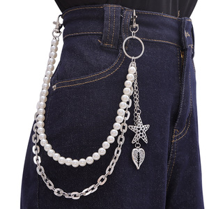 Cadena de cintura metálica de doble capa con perlas de estilo europeo y americano, con colgante de estrella, pluma y corazón para uso diario. - Product Image 1