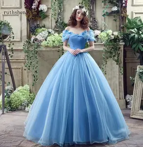 Princess Ball Gown Off- Shoulder Cinderella Blue Wedding Dress Bridal With Corset Back