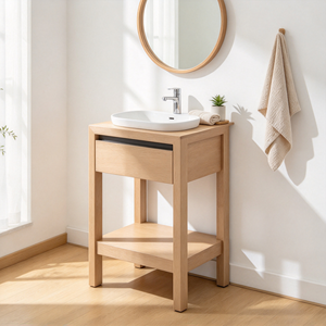 Mueble de Baño de Madera Maciza Estilo Rústico con Lavabo de Cerámica, Espejo con Marco, 2 Cajones y Acabado Claro - Product Image 1