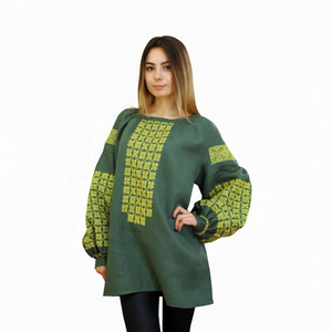 Top de Verano para Mujer Estilo Vintage 2024, Tejido de Satén Verde y Amarillo con Bordado, Manga Larga, Decoración con Cremallera, Estilo Natural y Elegante - Product Image 1