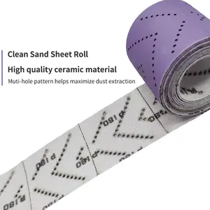 Rollo de hoja abrasiva de 70 mm x 12 m, rollo de papel de lija de tira púrpura con agujeros múltiples, rollo de lija rasgado a mano con abrasivo a mano