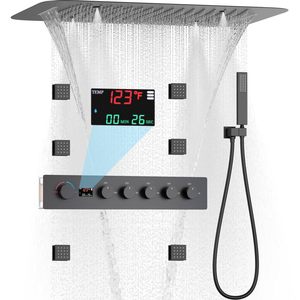 Juego de Ducha Termostático Completo para Cuerpo Entero en Negro Mate de 16x24 Pulgadas con Efectos de Lluvia, Cascada y Niebla - Product Image 1