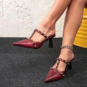 Lady's Wine Red Bridal <b>Shoes</b> Pointed Toe High Heeled <b>Slip</b>-<b>On</b> Breathable <b>Waterproof</b> Autumn <b>Shoes</b> with Rhinestones - Product Image 2