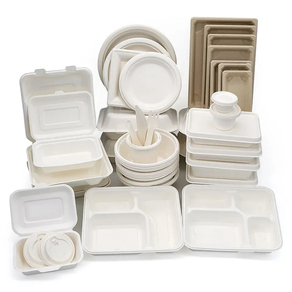 5 Compartment Sturdy Greaseproof Eco Bagasse Disposable Serving Paper Fast Food Tray Biodegradable Lunch Plate