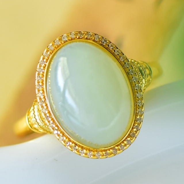SGARIT Natural Hetian White Jade S925 Silver Qiemo Blue Series 14*17mm Cabochon Ring Simple Elegant Fine Texture Jewelry