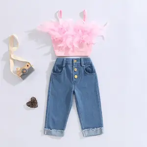 2 Stuks Mouwloze Baby Meisjes Jeans Outfits Zomer Kinderkleding Set Roze Veren Hemdje Denim Broek Met Zakken Voor Klein Meisje