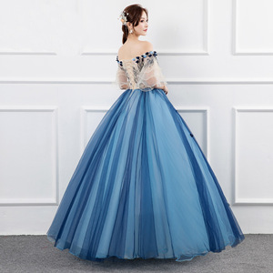 Off The Shoulder Tulle Ball Gown Dress Blue Gray Floral Print Empire Waistline Evening Dress For Women - Product Image 2