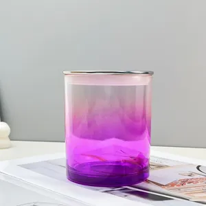 Customized Unique Gradient Color Red Purple Blue Popular Glass Candle Holder Candle Jars With Wood Metal Lids For Wedding Party