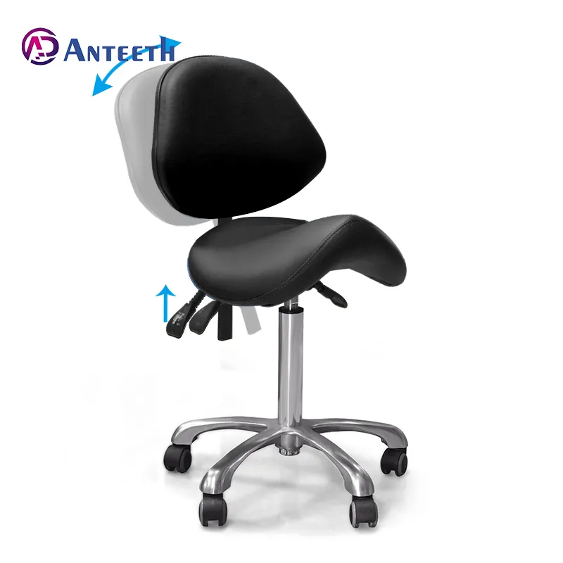 Anteeth Schönheit Ästheticician Sattel Hocker PVC Leder einstellbar mit Rückenunterstützung Rolling-Gas-Lift ergonomischer Saddel-Sattel-Stuhl