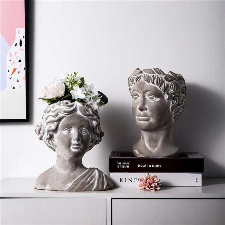 hot sale novelty modern garden suppliers decorative ornament concrete Greek Goddess female head face vase flower pot