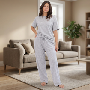 Heather Grey Fluid Knit Modal Women's Short-Sleeved 2-Piece <b>Pyjamas</b> Set Casual XXL Size Custom Comfortable Breathable Drawstring - Product Image 4
