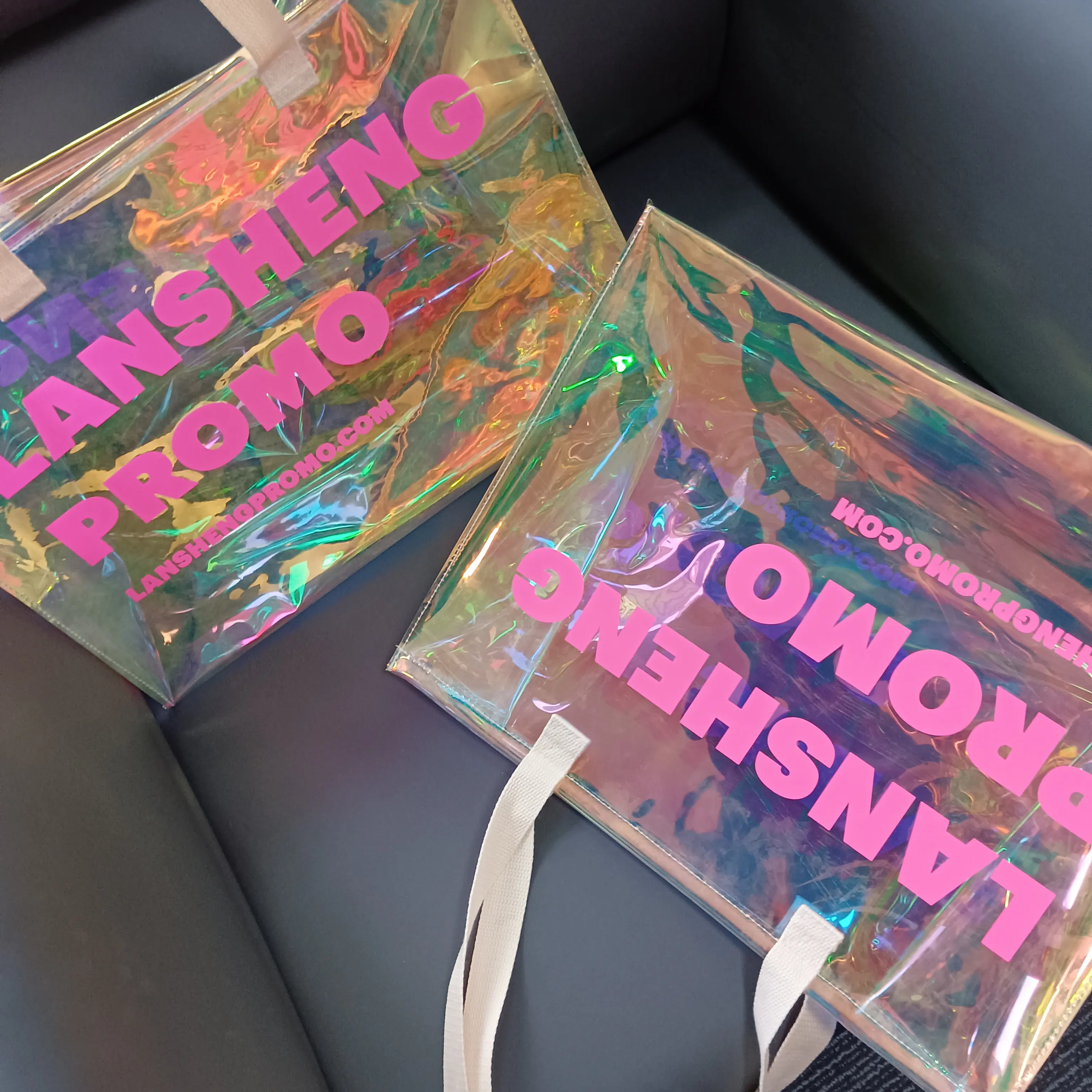 Holographic long shoulder straps mylar bags holographic pvc tpu tote bag custom logo