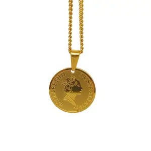 Fashion Custom Engraved Queen Elizabeth Coin Necklace 18K Gold Plated Medallion Stainless Steel 1998 Coin Pendant Elizabeth II
