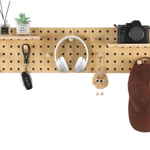 Wooden Pegboard Storage Rack <b>Wall</b> <b>Mounted</b> <b>Shelf</b> For Living Room Bedroom Bathroom Key Organizer Display Rack - Product Image 1