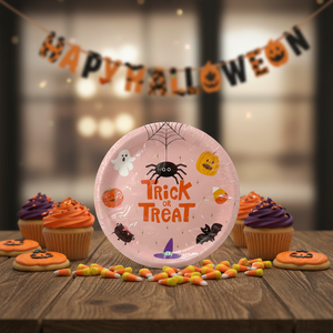Set di Piatti Premium <span class=keywords><strong>per</strong></span> Feste di <span class=keywords><strong>Halloween</strong></span> - 9 Pollici, Set da 8 Pezzi Rosa con Scritta 'TRICK or TREAT' e Simpatici <span class=keywords><strong>Personaggi</strong></span> di <span class=keywords><strong>Halloween</strong></span> 616324 - Product Image 5
