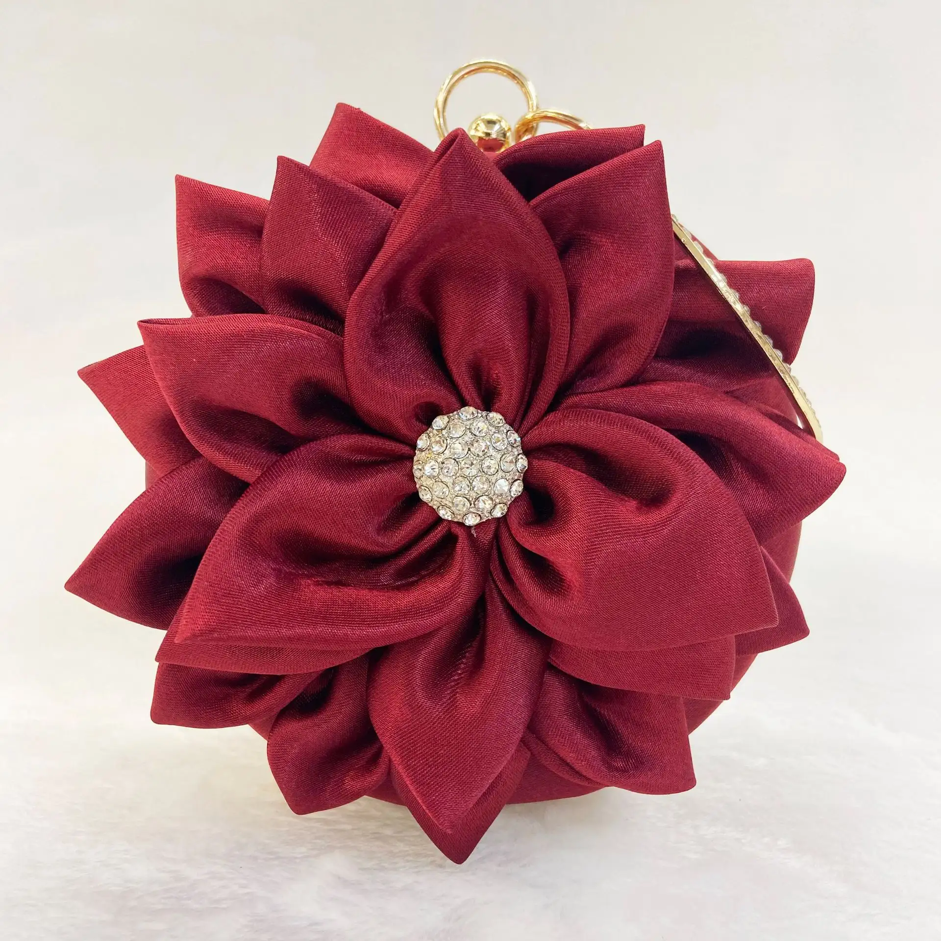 Borsa da sera di strass di lusso per festa di matrimonio pochette con manico rotondo in metallo con fiore alla moda borsa da donna in raso