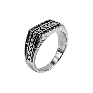 Anillo de Sello para Hombre de Plata de Ley 925 Kaanjewelry, Anillos de Plata con Patrón Geométrico de Marcasita y Esmalte Negro Vintage para Hombre - Product Image 3