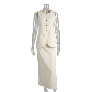 Women's 2-Piece <b>Set</b> Sleeveless <b>Blazer</b> Top Knee Length Skirt Solid Color Cotton Oxford Office Lady Style Regular Fit - Product Image 1