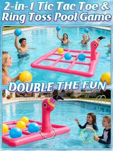 2-in-1 Flamingo Tic Tac Toe & Ring Toss <b>Inflatable</b> Pool <b>Game</b> Set for Family Fun - Product Image 2