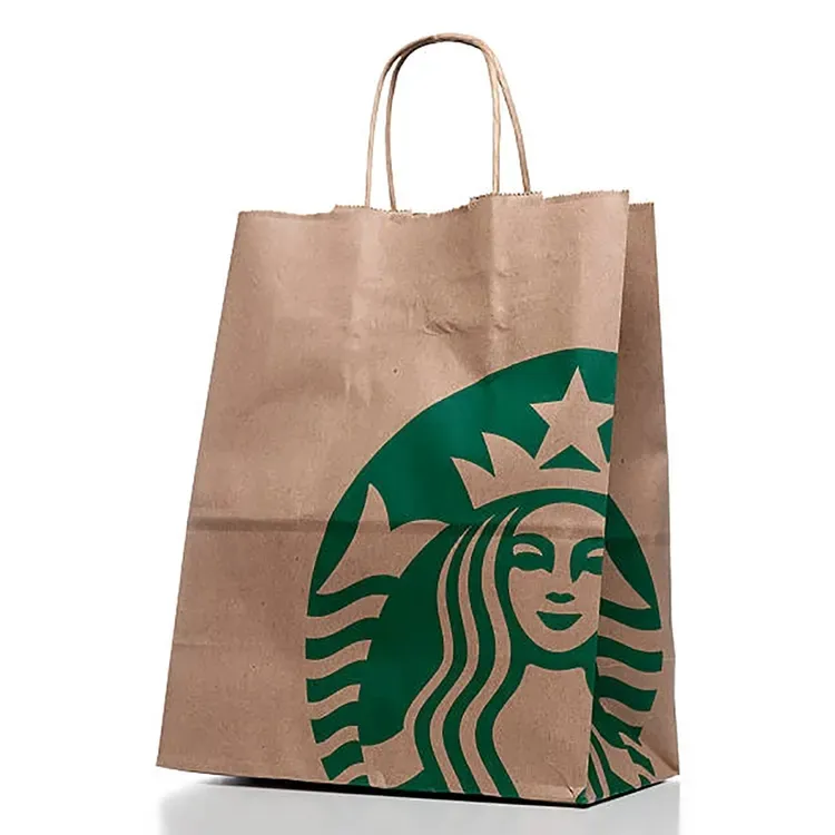حقيبة من ورق الكرافت للملابس باللون البني بتصميم شعار مخصص حقيبة تسوق سوبر ماركت لتعبئة القهوة