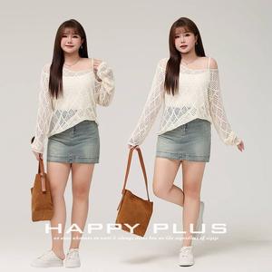 Happy Plus Top de punto hueco para mujer, manga larga, corte holgado, color blanco, informal, talla grande, tejido suave N8920 - Product Image 2