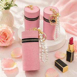 Premium PU Leather <b>Mini</b> Lipstick Case with Pearl Keychain Portable Cylinder Makeup Bag for Gift OEM - Product Image 5