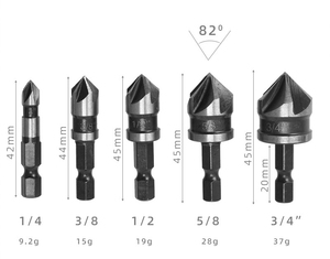 Juego de 5 brocas avellanadoras negras de 82 grados HSS con vástago hexagonal para aplicaciones de perforación industrial - Product Image 3