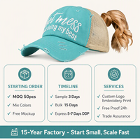 Casquette de baseball pour femme style trucker à queue de cheval effet vieilli, dos en maille, brodée, réglable, logo personnalisé, OEM, vente en gros, faible MOQ