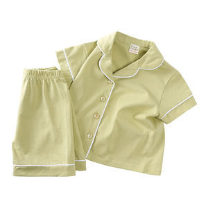 Ensemble décontracté de style danois pour garçons et filles Pyjama d'été en coton doux Motif solide Tissu peigné - Product Image 3